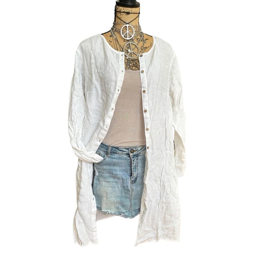 EMBELLISHED women's Linen button down WITH POCKETS white shirt SIZE MEDIUM